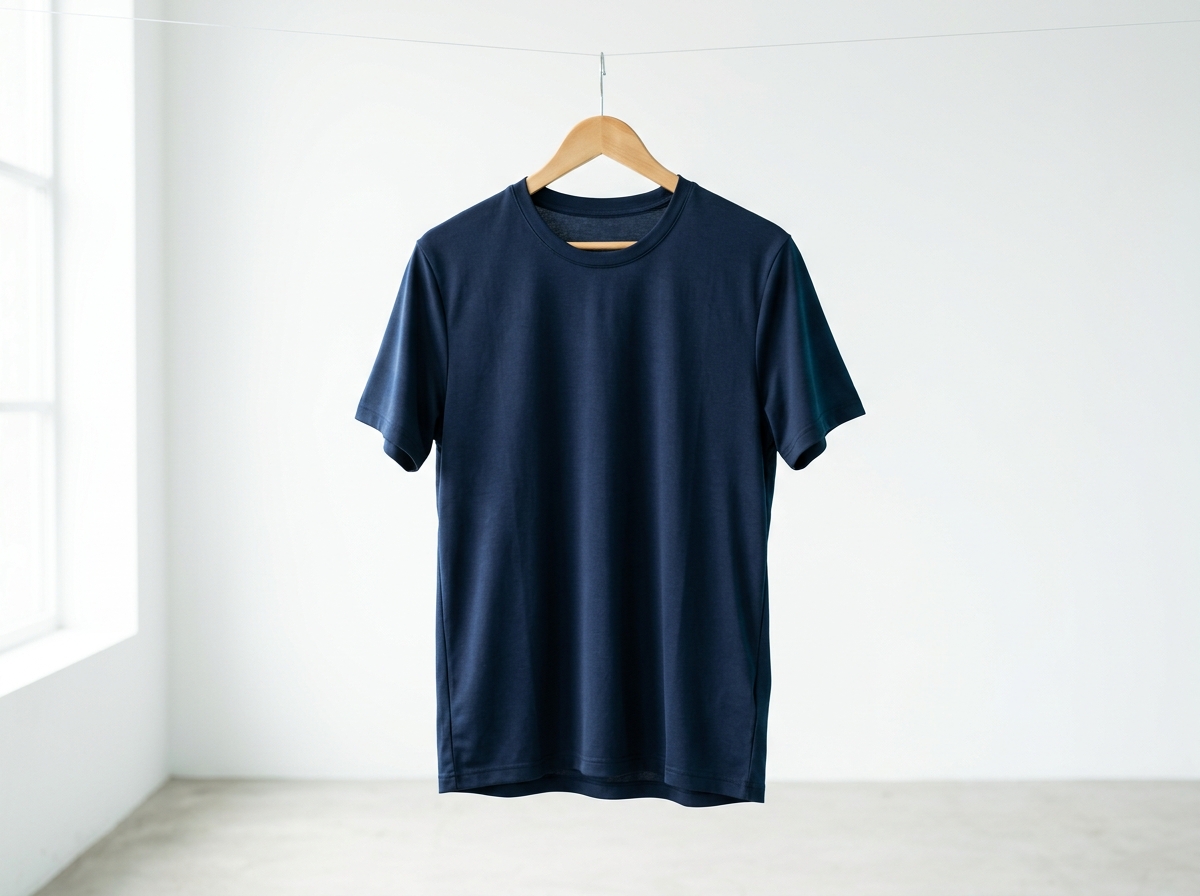 A clean navy shirt on a wooden hanger, ready for another wear