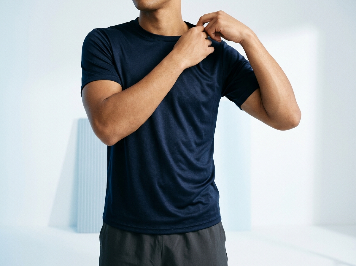 A person adjusting the collar of a freshly treated navy shirt