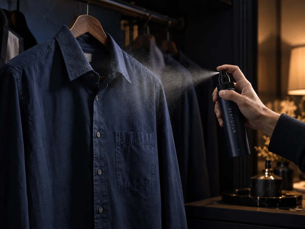 A hand spraying ZERODOUR onto a hanging navy shirt in warm evening light