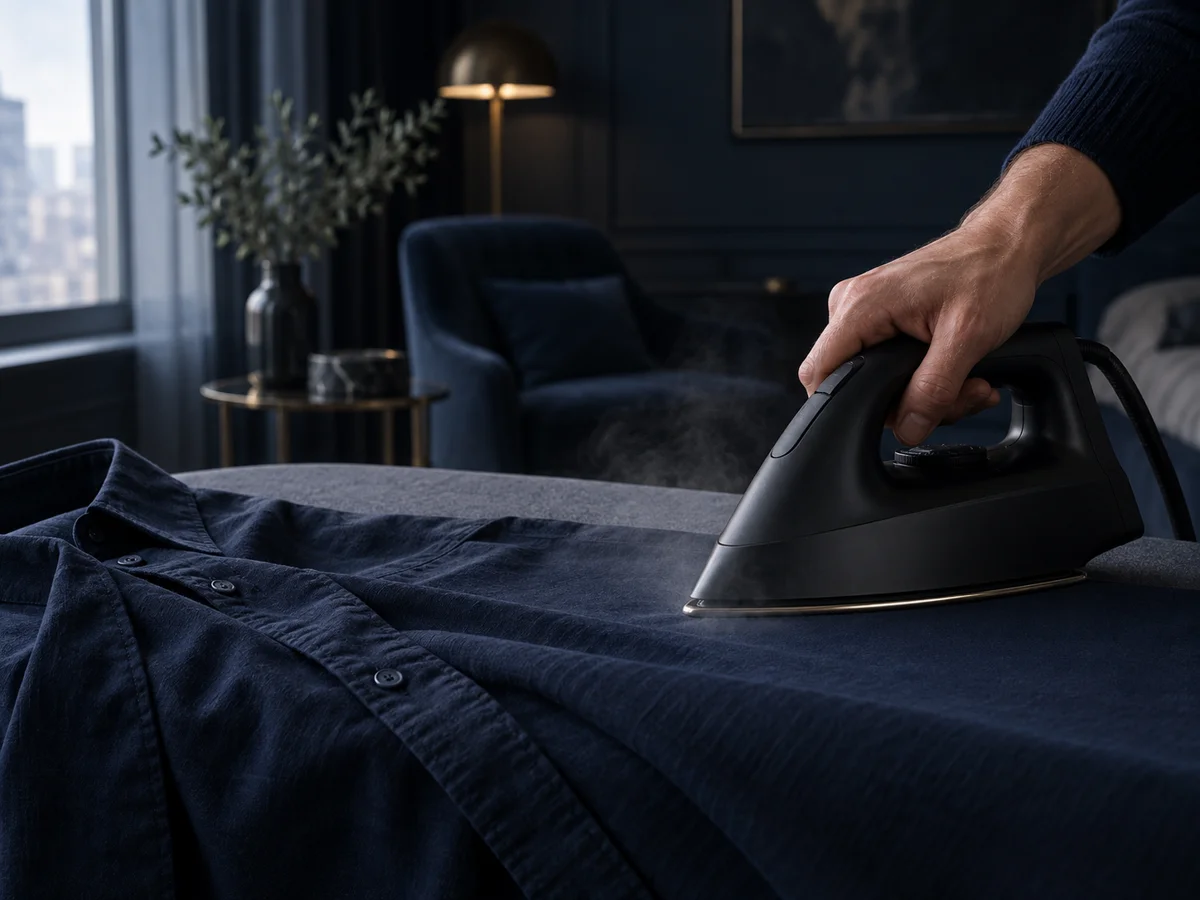 A hand ironing a navy cotton shirt in soft window light