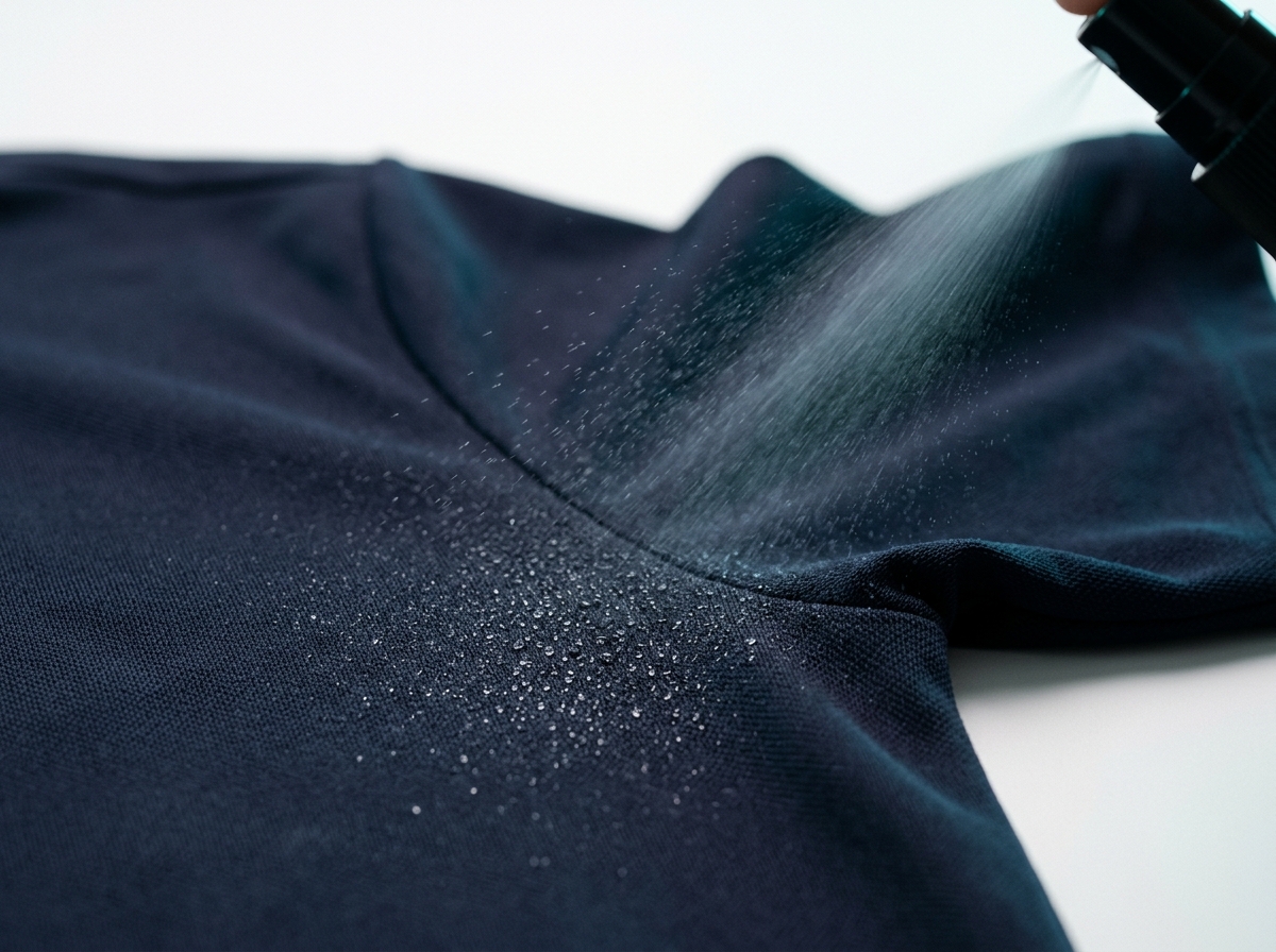 Fine mist being applied to navy garment fabric