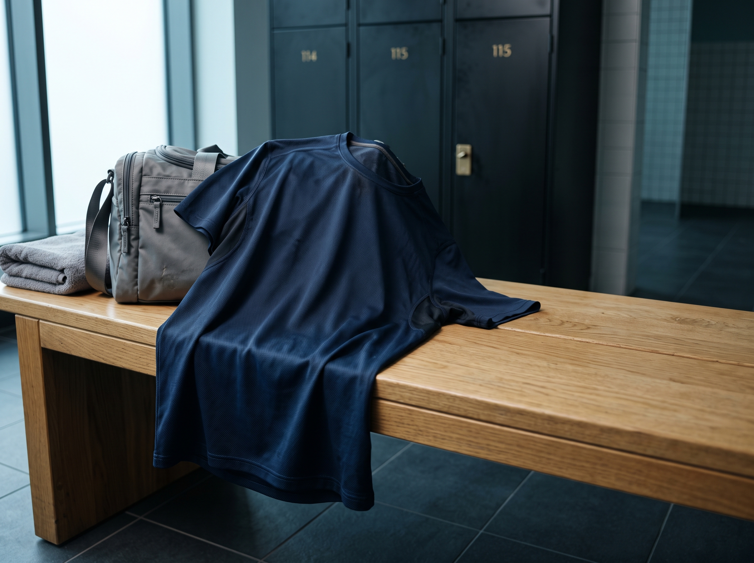 Navy performance shirt resting on a locker-room bench after activity