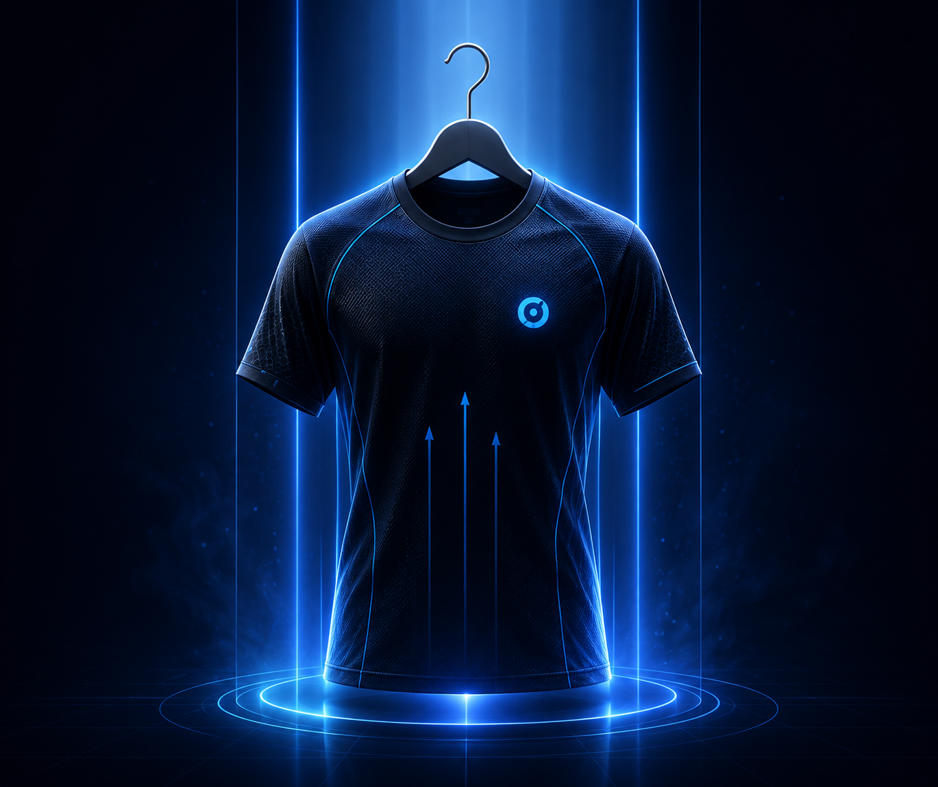 Dark performance shirt hanging in a blue-lit garment chamber